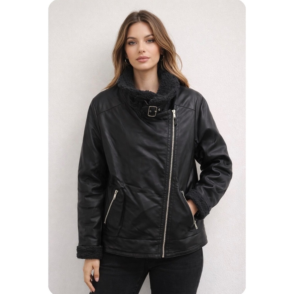 Hollister Cozy Biker Jacket Womens XL Black Faux Leather Sherpa Lined NWT